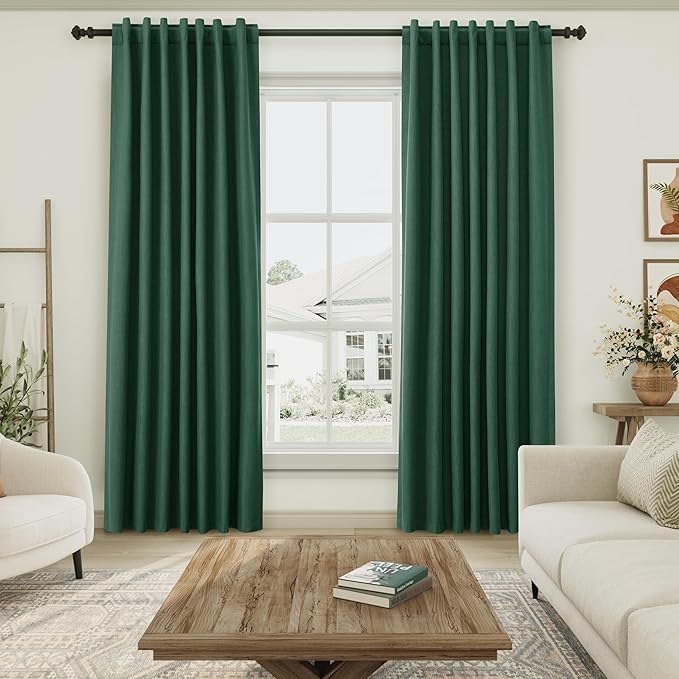 100% Blackout Linen Curtains 102 Inches Long 2 Panels Set for Bedroom Green Back Tab Black Out Curtain Modern Urban Noise Cancelling Total Light Blocking Window Curtains 102 Length 52X102 Inches
