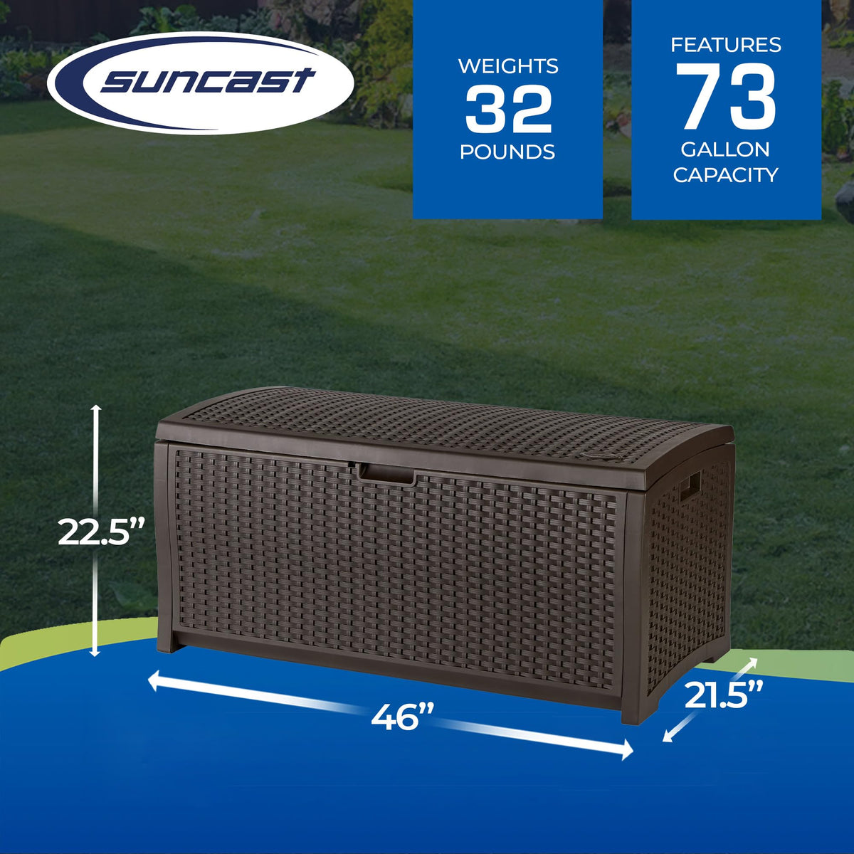 Suncast 73-Gallon Medium Deck Box - Lightweight Resin Indoor/Outdoor Storage Container and Seat for Patio Cushions and Gardening Tools - Store Items on Garage, Yard - Mocha Brown