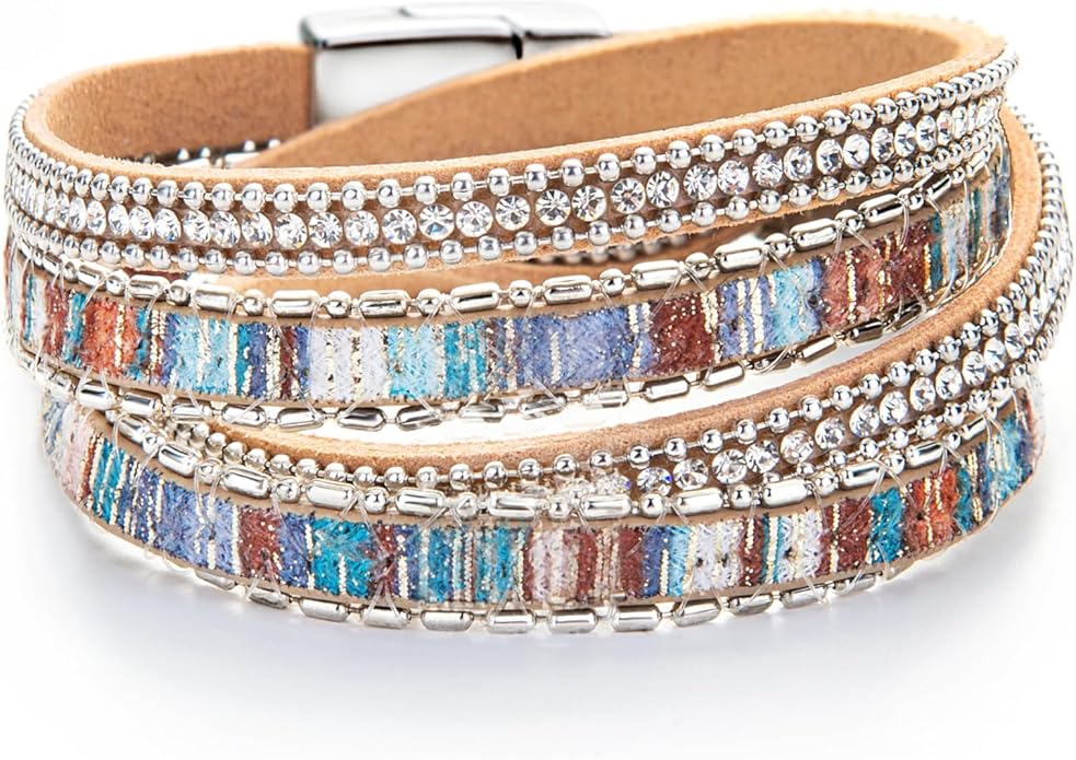 Fesciory Leather Wrap Bracelets for Women, Boho Leopard Multi-Layer Crystal Beads Cuff Bracelet Jewelry
