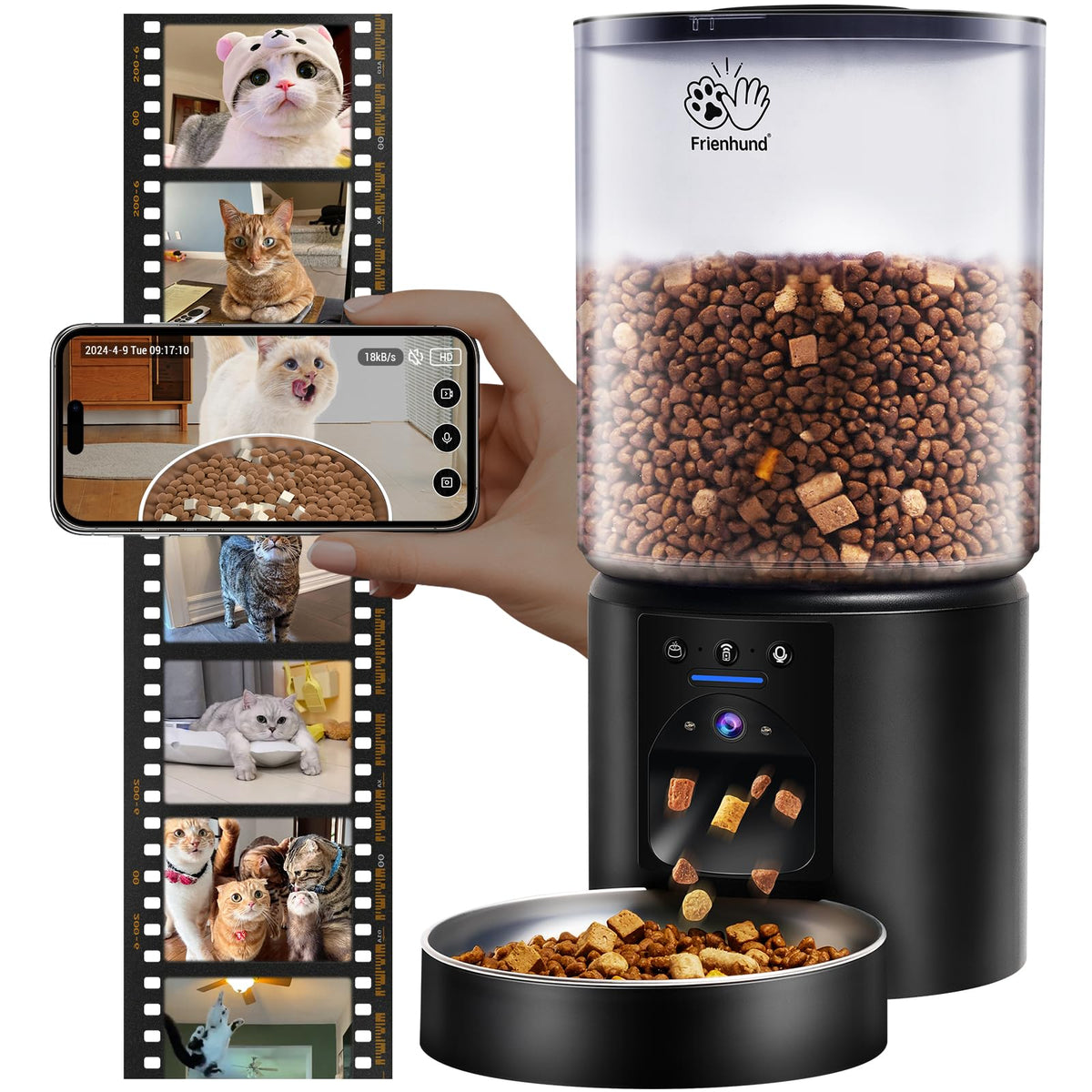 Frienhund Automatic Cat Feeder with 2K HD Camera: 5G WiFi Automatic Dog Feeder with Sealed Outlet,Cat Food Dispenser with Freshness for Multiple Pets,Detachable for Easy Clean-21 Cup (5L Food Storage)