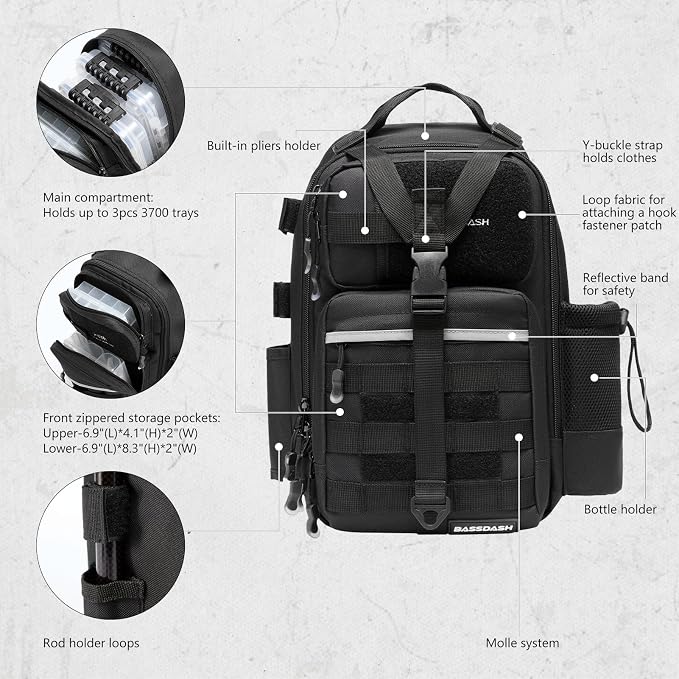 BASSDASH Convertible Fishing Backpack Sling Bag with Rod Holder, Adjustable Tactical Water-Resistant Tackle Storage Pack FP07