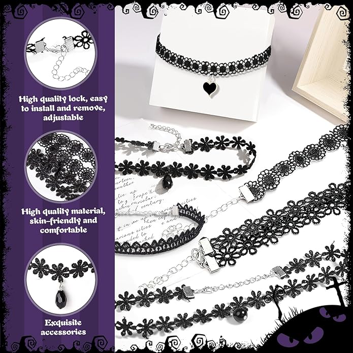 6pcs Costume Choker Necklace Women Black Lace Goth Vampire Accessories for Gothic Clothes