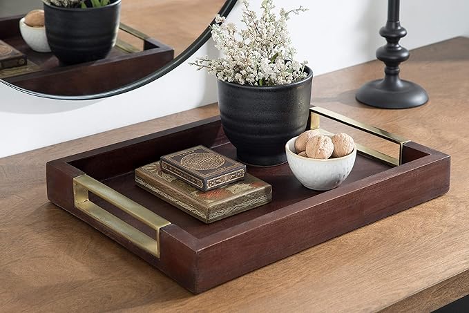 Kate and Laurel Heller Modern Rectangular Tray, 12 x 16, Espresso, Decorative Wood Tray for Storage and Display