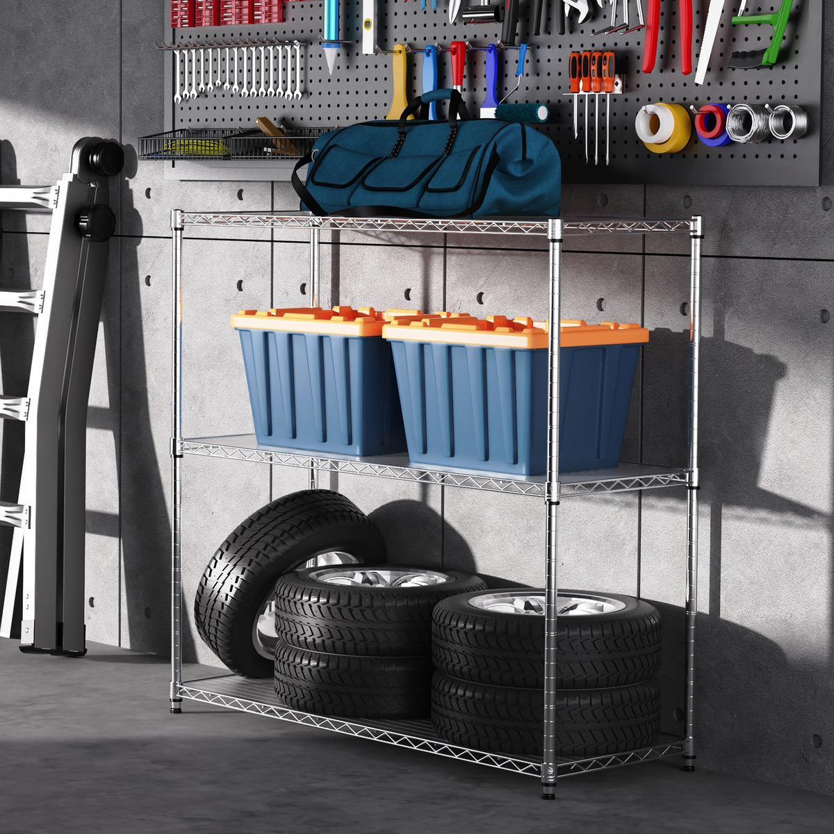 pouseayar 3 Tier NSF Metal Shelf Wire Shelving Unit, 1050lbs Capacity Heavy Duty Adjustable Storage Rack with Shelf Liners for Closet Kitchen Garage Basement, 48" H x 48" L x 18" D - Chrome