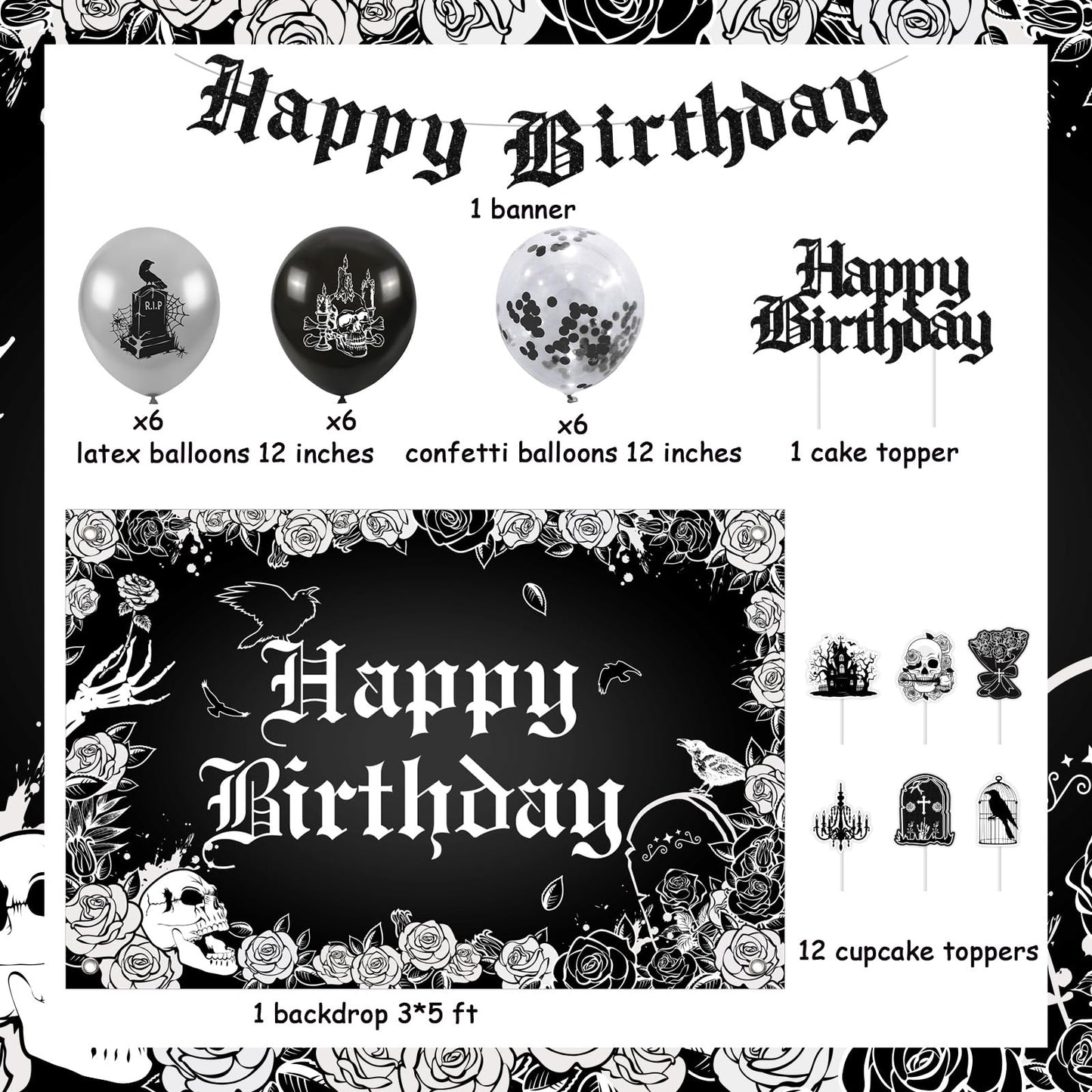 Fangleland Gothic Birthday Decorations, Skull Theme Happy Birthday Backdrop Cake Topper Banner, Black Silver Cupcake Picks Balloons Bday Party Supplies Photography Background for Men Women
