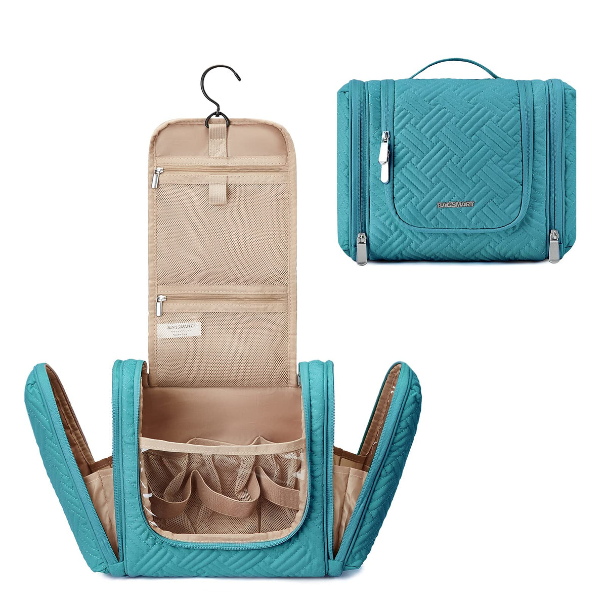 BAGSMART Large Travel Toiletry Bag for Women, Hanging Toiletry Bag with Hook, Travel Cosmetic Makeup Bag Travel Organizer for Accessories, Shampoo, Full Sized Container, Toiletries,Blue-Large
