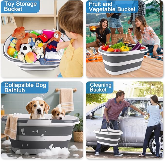 Extra Large Collapsible Bucket 35L Mop Bucket With Handles & Wheels, Plastic Wash Basin Pet Bath Tub for Puppy Dogs Cats, Folding Laundry Basket Clothes Storage Organizer RV Outdoor Camping Essentials