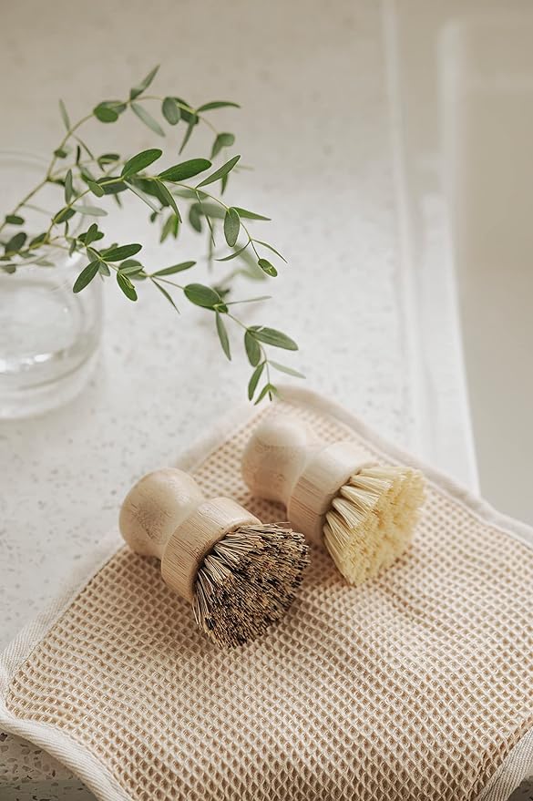 Jungle Culture Kitchen Dish Scrubber Set of 2 • Bamboo Dish Brush for Washing Pots, Pans, Dishes & Plates • Natural Bristle Wooden Brushes for Washing Up • Zero Waste Firm & Soft Eco Scrub Brush