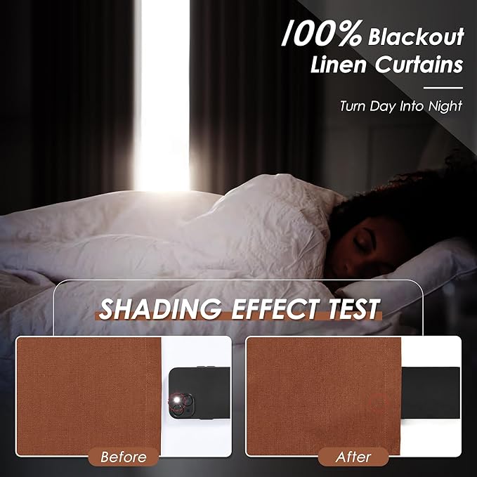 Nanspring Terracotta 100% Blackout Linen Curtains 132 inch Length Back Tab Rod Pocket Drapes Thermal Insulated Textured Living Room Blac kout Curtains 2 Panels Set 52x132