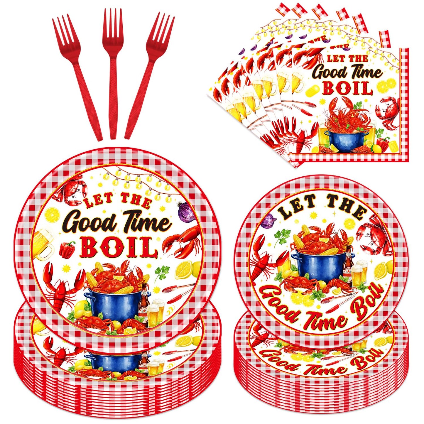 Gameza Seafood Boil Party Supplies - 96PCS Seafood Boil Party Plates and Napkins Forks Tableware Disposable Set, Crawfish Crab Shrimp Summer Birthday Decor Supplies, Serve 24