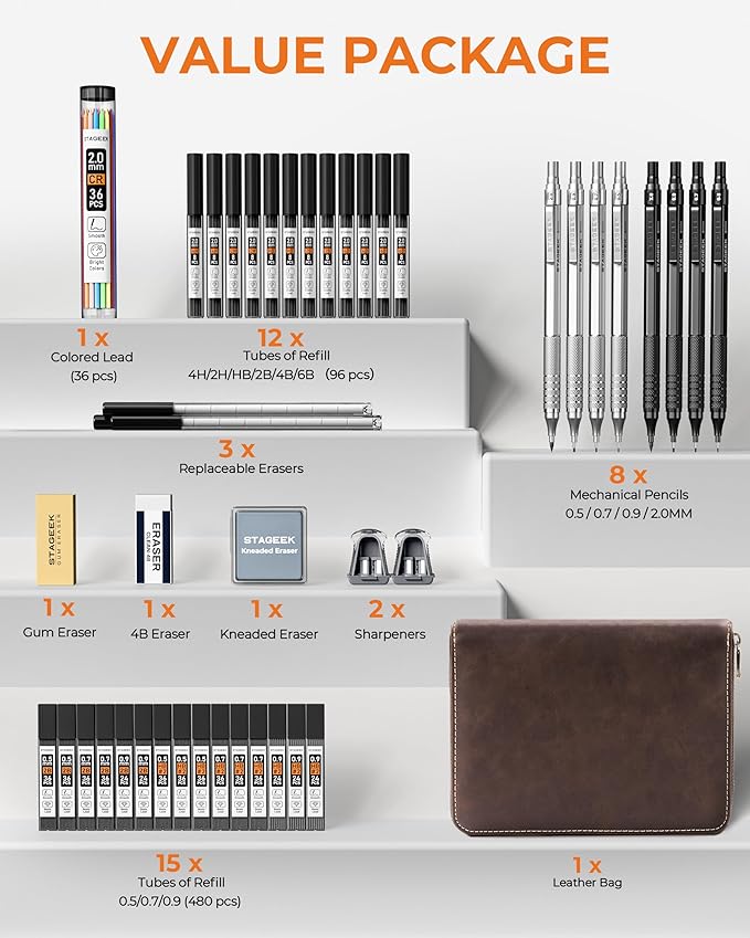 45PCS Black & Silver Metal Mechanical Pencil Set in Leather Case, 0.5, 0.7, 0.9, 2.0mm Drafting Pencils with 28 Tubes(6B 4B 2B HB 2H 4H & Colors)Lead Refills for Art Drawing, Sketching,Writing