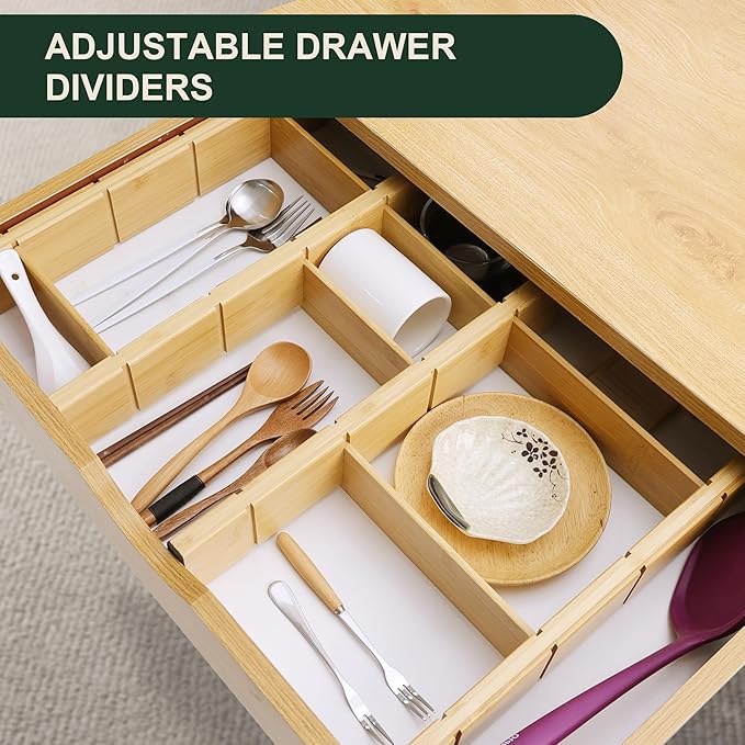 Utoplike 4 PCS Bamboo Kitchen Drawer Dividers with Inserts(Fits 15"-17.7" Drawer Inner Size), Adjustable Drawer Organizers for Socks, Spring Loaded, for Bedroom, Dresser, Bathroom