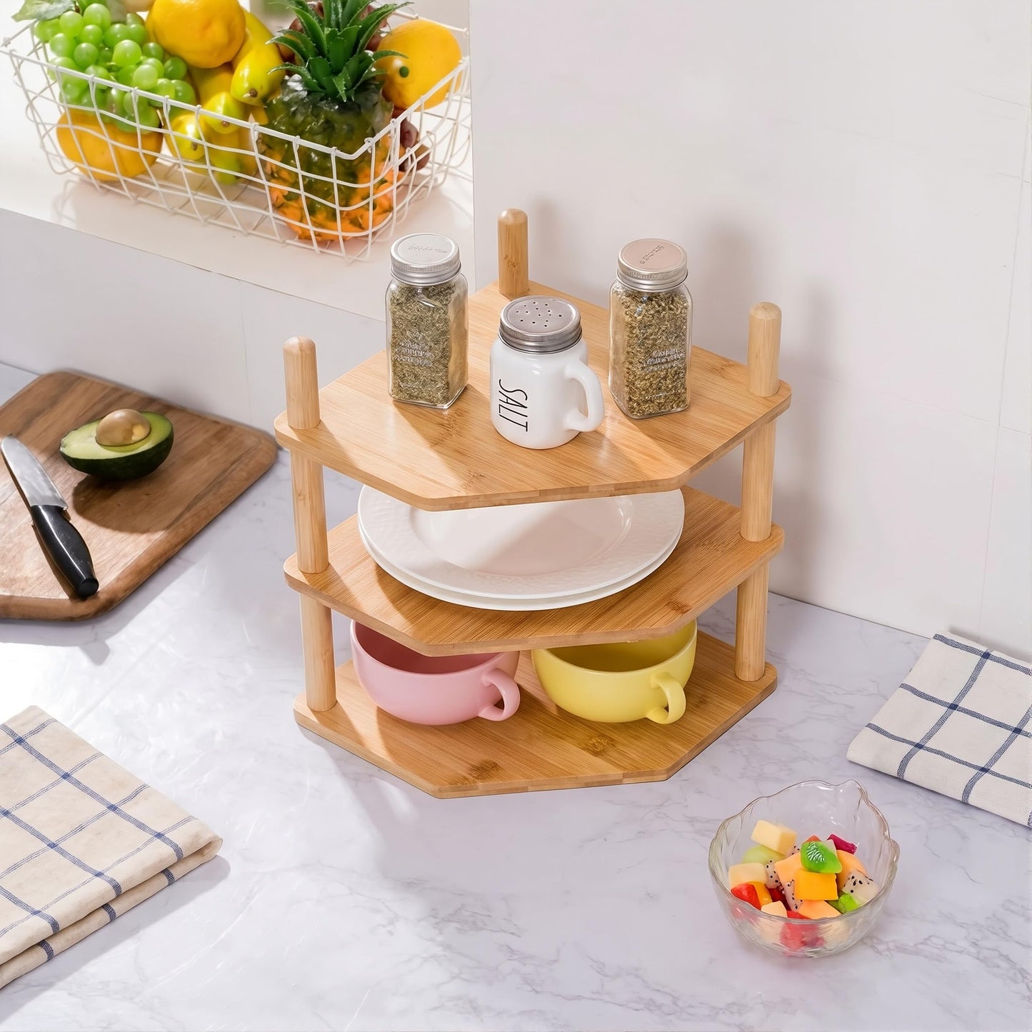 WooFawn 3-Tier Expandable Bamboo Corner Shelf - Dish/Plate Organizer for Cabinet, Kitchen Counter Shelf & Small Kitchen Shelf, Adjustable (Natural, 1-Pc 3.90" H)