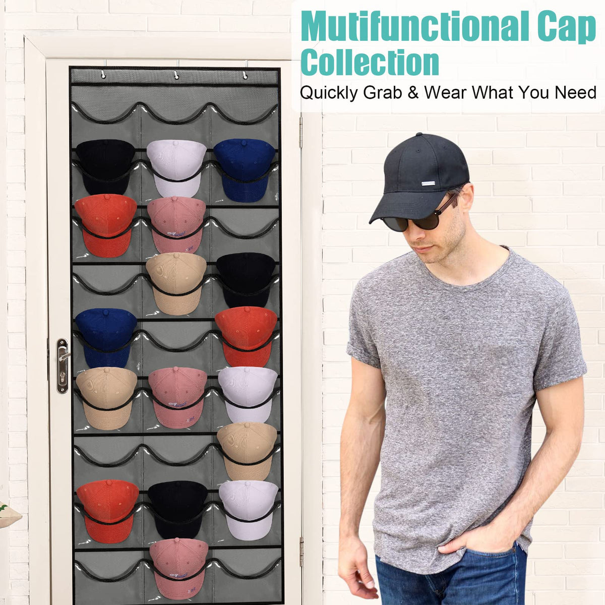 27 Pockets Hat Rack For Baseball Caps Hanging Hat Organizer Over The Door Hat Storage Organizer For Closet Wall With Large Clear Pockets & 3 Hooks Caps Hat Holder Hanger for Baseball & Sport Caps