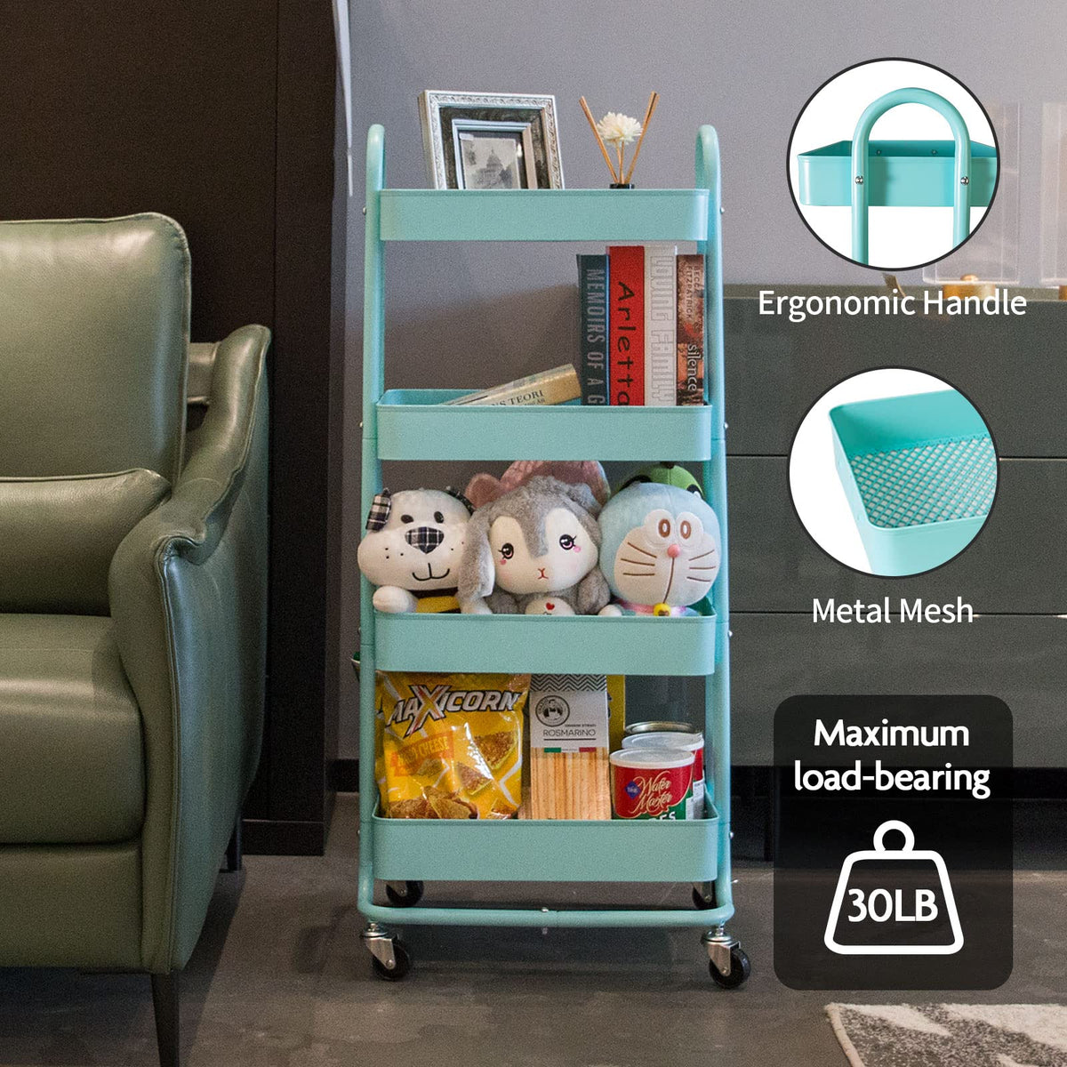 elabo 4-Tier Metal Mesh Utility Rolling Cart, Storage Organizer Trolley Services Cart with Lockable Wheels for Kitchen, Bathroom, Living Room (Blue)