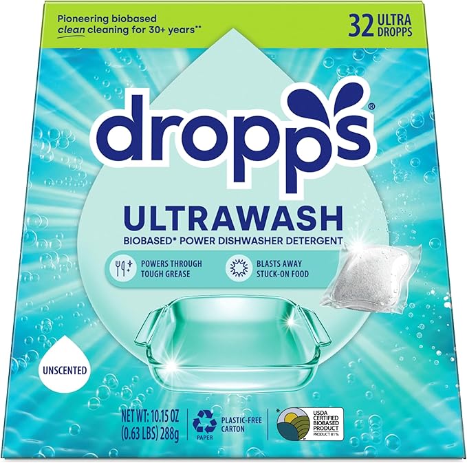 Dropps UltraWash Dishwasher Pods, Unscented (32 Count) - Biobased Power Deep Clean Dishwasher Detergent Tablets for Sparkling Shiny Dishes - No Rinse Aid or Pre-Wash Needed - Dishwashing Pods