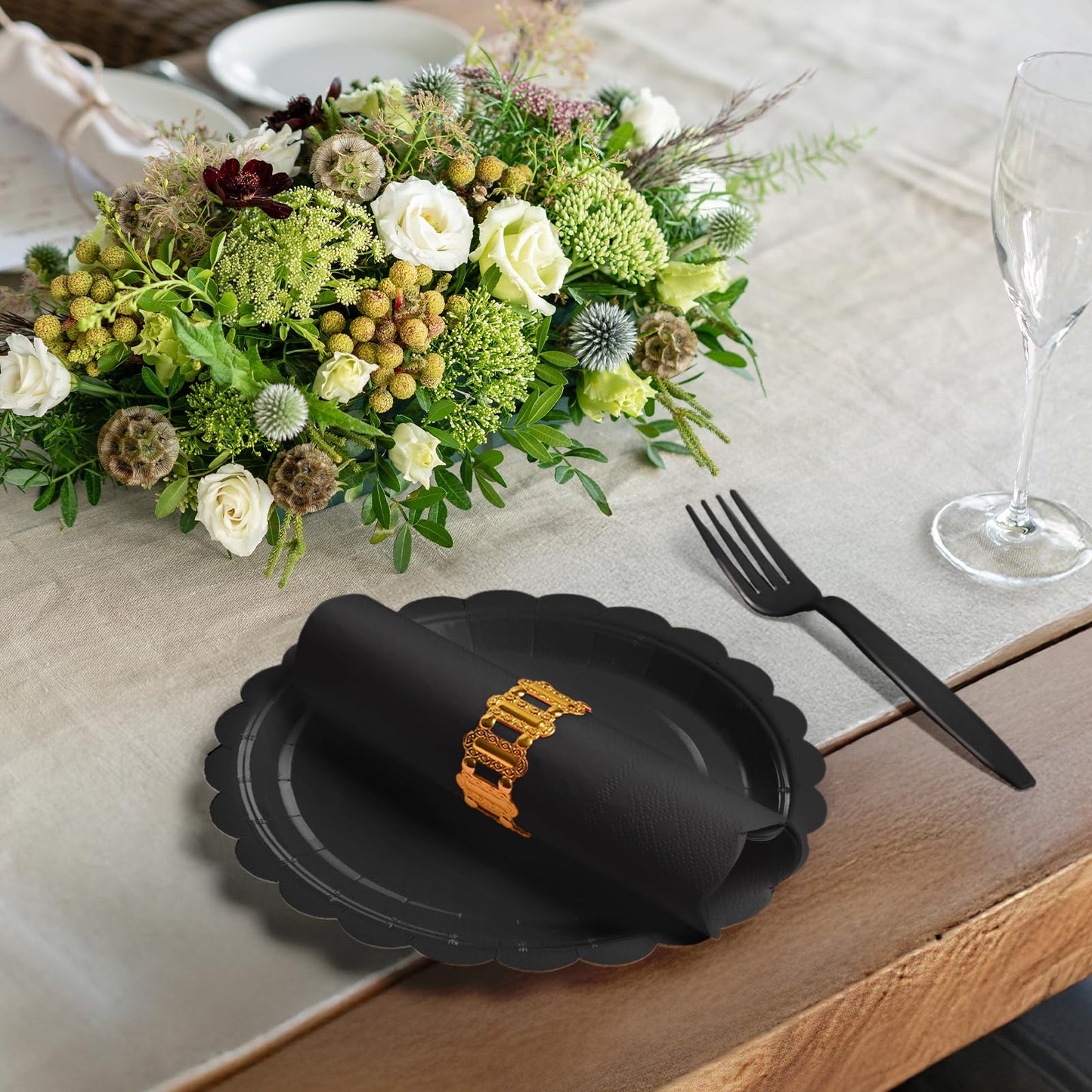 Tyzarglef 105PCS Paper Plates and Napkins Set, 7 Inch Scalloped Disposable Tableware with Forks for Birthdays, Garden Parties & Outdoor Events, Serves 35 (Black)