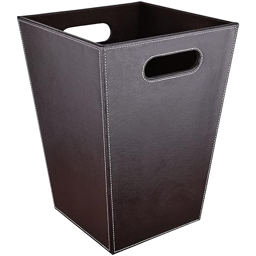 Leather Trash Can Bathroom Wastebasket, 16L/4.2 Gallon Office Garbage Can with Handles for Near Desk, Square Bedroom Waste Basket Bin for Home Dorm Decorative Brown