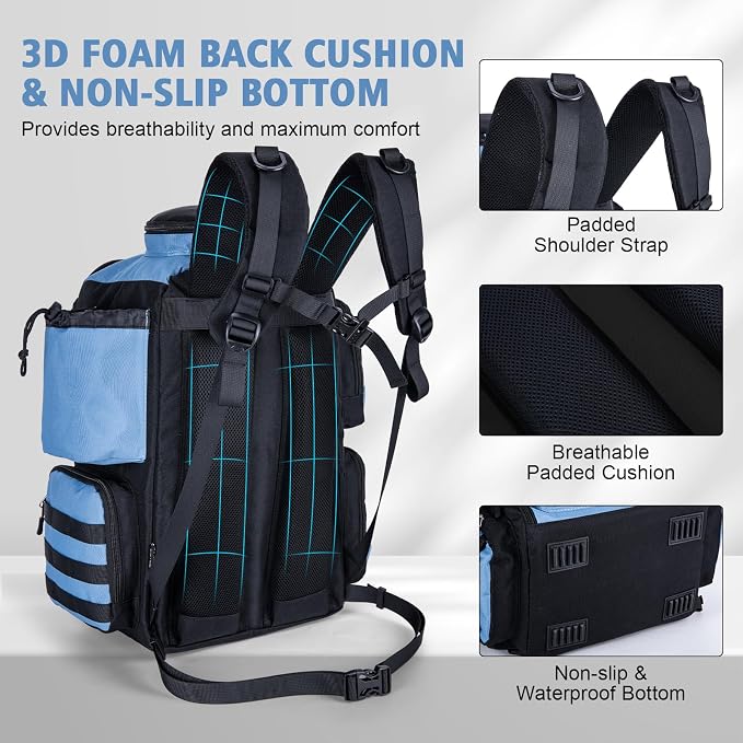 Goture Fishing Backpack,900D Water-Resistant Tackle Backpack with Rod Holders, SBS Zippers,45L Large Fishing Bag Storage Gear Tackle Bag with Rain Cover, Bottle Holder for Travel Camping Hiking