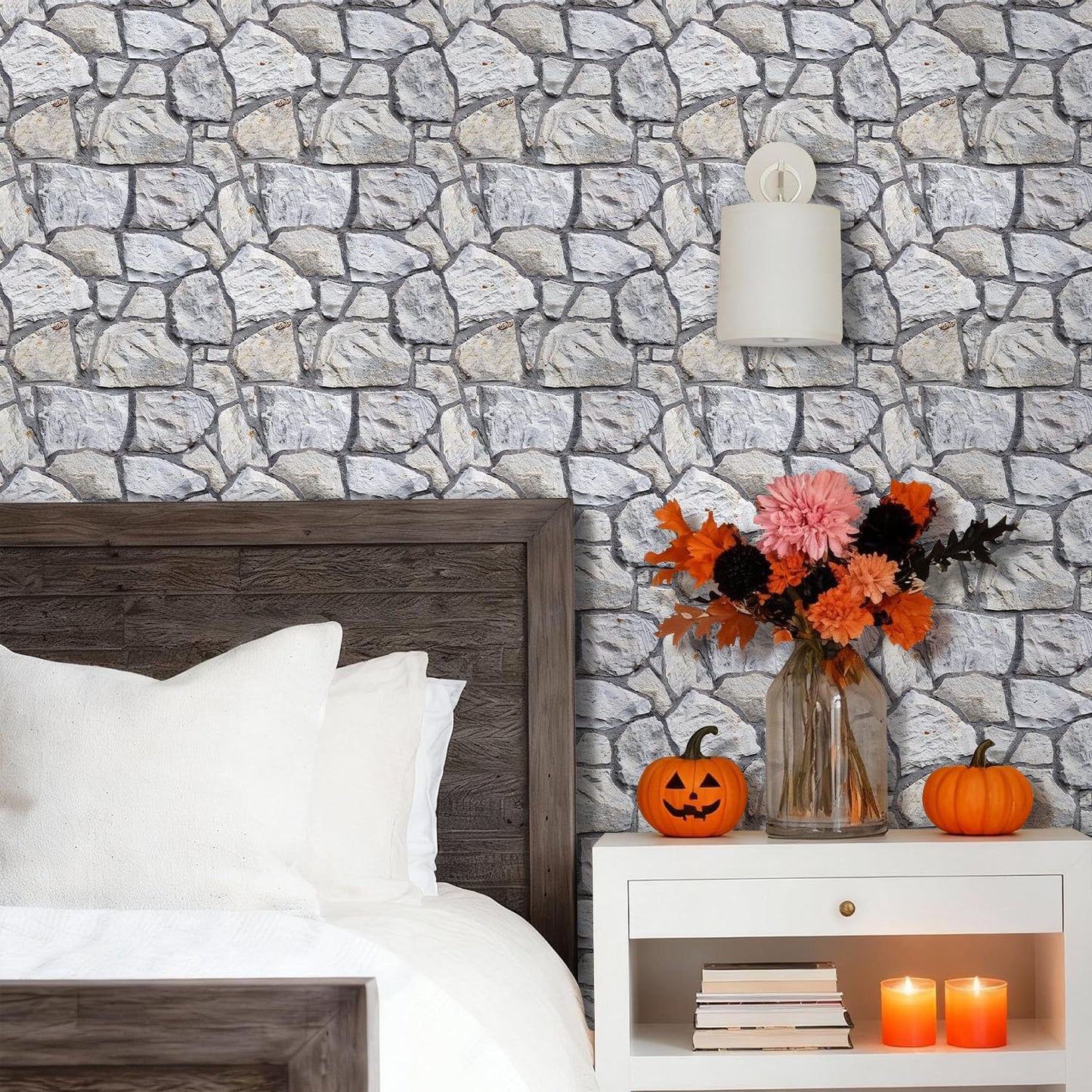 SMOOSTIKC 3D Faux Stone Wall Panels Peel and Stick, 10 Pcs 11.8" x 11.8", Stone-Look Textured Wall Sticker, Ultra-Light Thin PVC Fake Stone Wall Covering Tiles for Quick DIY, Whitewash Grey