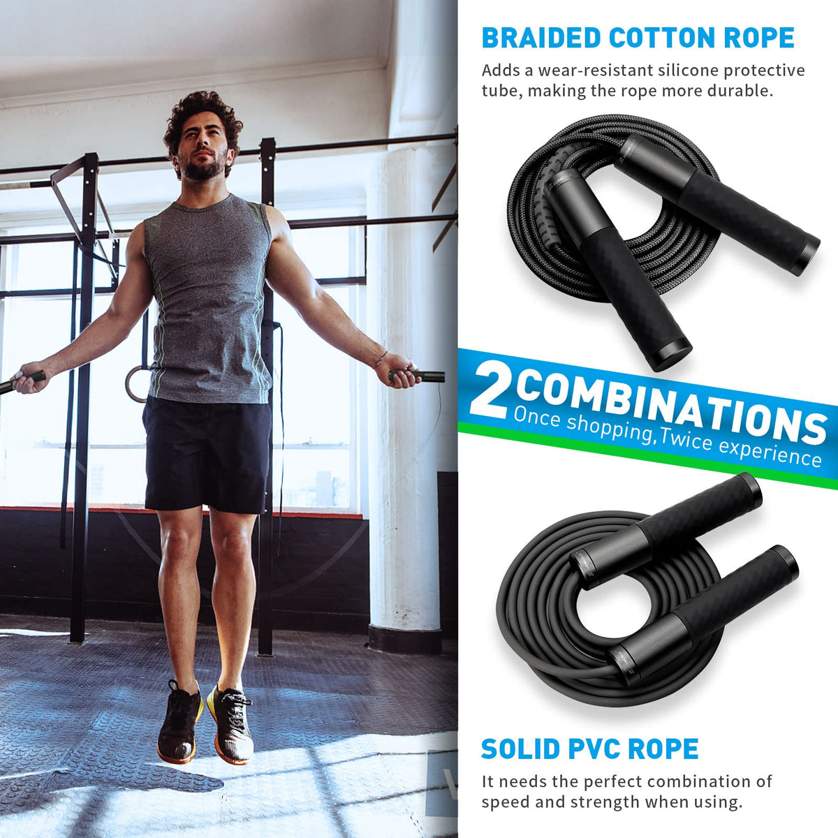 BURNCALO Weighted Jump Rope for Fitness, Skipping Rope for Men Women, Metal Heavy Handles, Ball bearings, Adjustable Length PVC Cord and Cotton Rope, Endurance Training Fitness Exercise Workout