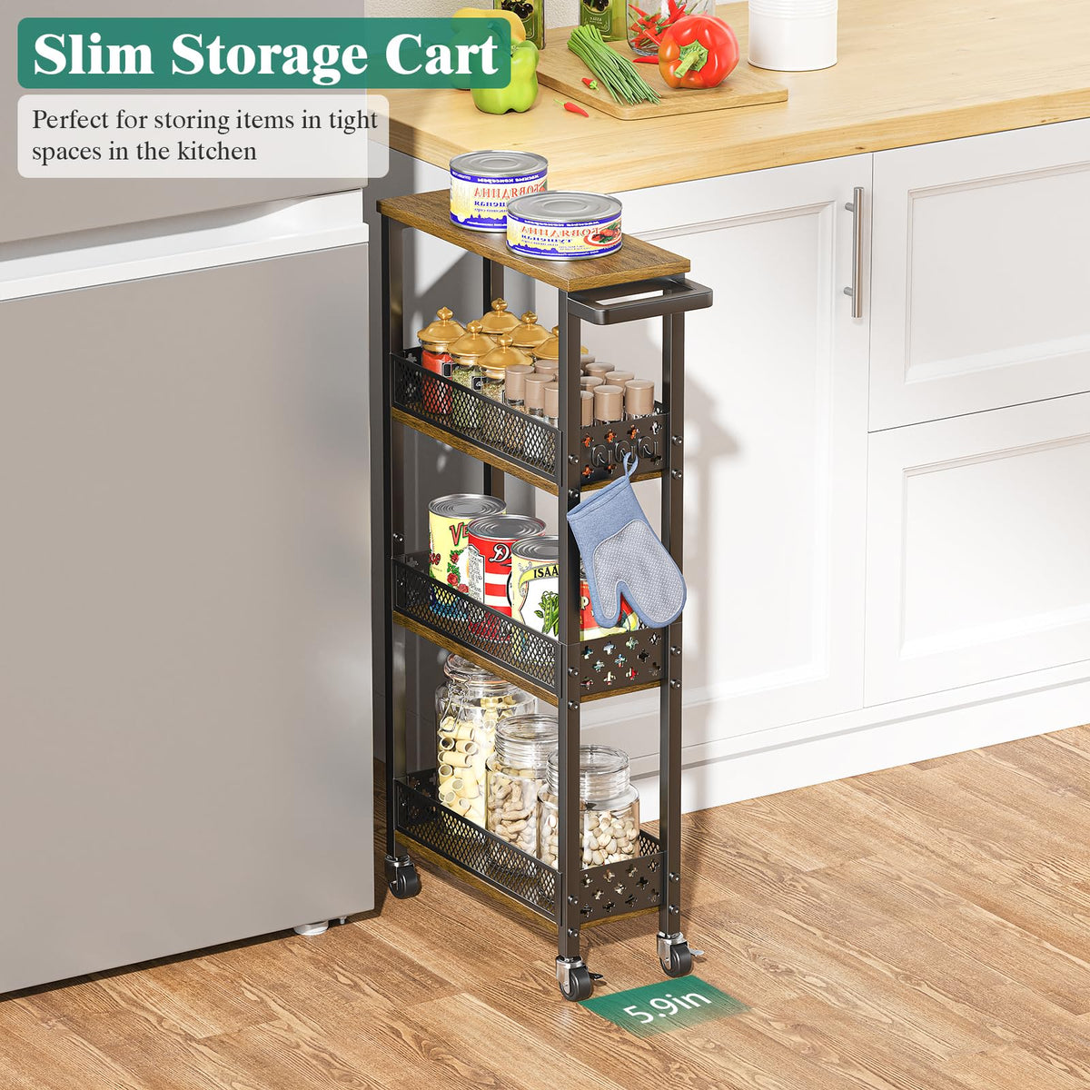 Giwil 4-Tier Slim Rolling Storage Cart for Kitchen Bathroom Organizer, Mobile Narrow Storage Cabinet Utility Cart with Wood Rack on Wheels for Pantry Laundry Small Space