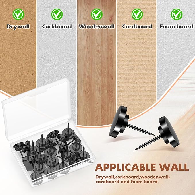 30 Pieces Black Thumb Tacks, Metal Push Pins, Zin Alloy Tacks for Wall, Picture Hanging Hooks, Picture Hangers, Poster Tack, Wall Tacks for Bulletin Boards Decorative