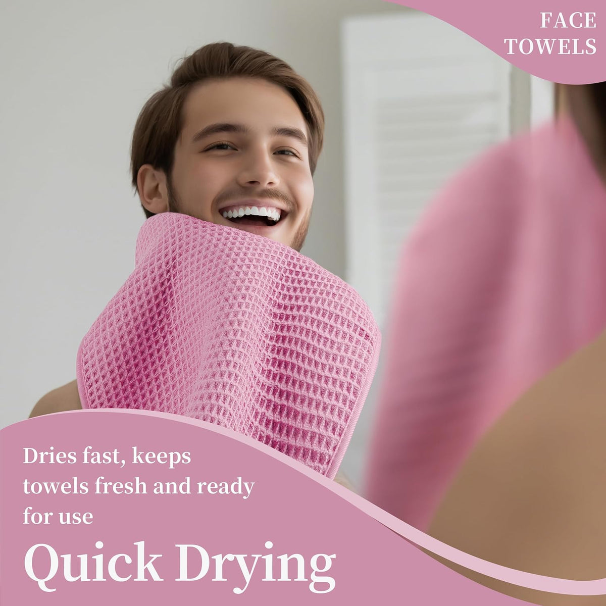 Microfiber Waffle Face Towels, 2 Pieces, Soft, Absorbent, Fast Drying, Lint Free (Pink)