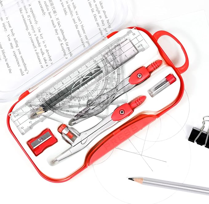 10 Pieces Math Geometry Kit Set Student Supplies with Shatterproof Storage Box,Includes Rulers,Protractor,Compass,Eraser,Pencil Sharpener,Lead Refills,Pencil,for School and Drawings（Red）