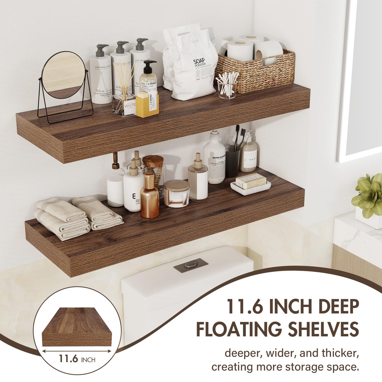 Acovy 72 Inch Floating Shelves, 12" Deep Floating Shelf Wall Mounted, 72" Wall Shelves, Rustic Deep Bookshelf, Extra Deeper & Thicker Display Shelves for Bedroom, Living Room, Walnut, Set of 1