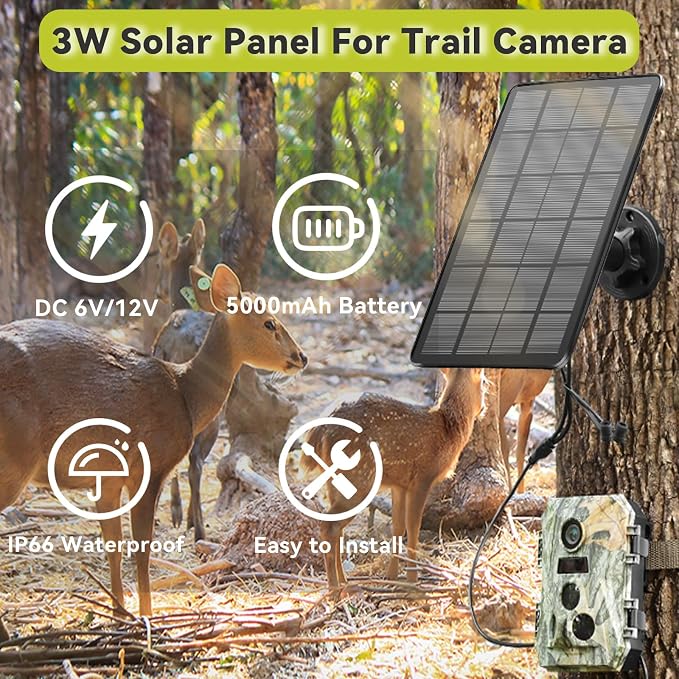 LIYVZ Trail Camera Solar Panel with Bulit-in 5000mAh Battery 2 Pack, 3W Solar Panel for Trail Camera IP66 Waterproof Multi Interfaces with USB-C & DC 6V/9V/12V Output, 360° Adjustable