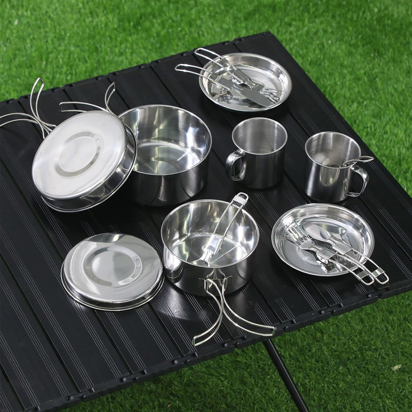 Funnymoom 14 Piece Camp Cooking Set, Stainless Steel Camping Cookware with Pot and Pan Kit 2 Set Stainless Steel Cups Plates Forks Knives Spoons for Camping, Backpacking, Outdoor Cooking and Picnic