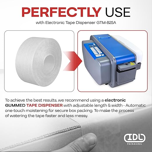 IDL Packaging 2.83" x 450 feet Reinforced Water-Activated Kraft Gummed Tape 30lb Thickness (Pack of 6) - Secure Paper Packing Tape for Secure Carton Sealing - Heavy-Duty for All Conditions, White