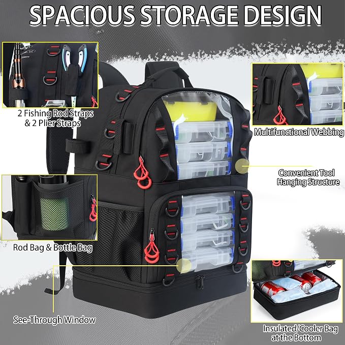 Fishing Tackle Backpack with 4 Tackle Boxes,45L Large Tackle Bag with 2 Rod Holders & Clear Window,Outdoor Fishing Backpack for Fishing,Camping,Hiking,Black
