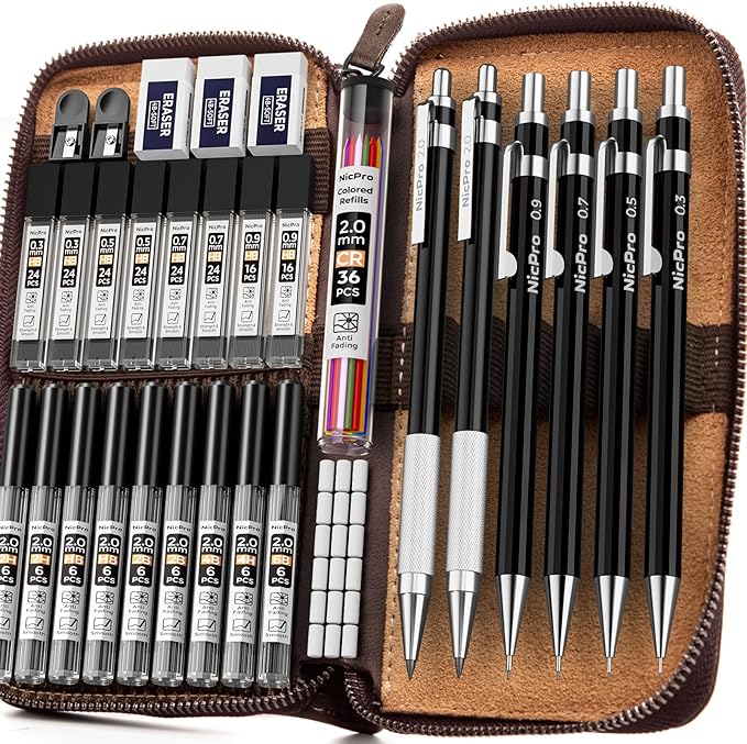 Nicpro 33PCS Black Metal Mechanical Pencil Set in Leather Case, Art Drafting Pencil 0.3, 0.5, 0.7, 0.9 mm, 2mm Lead Holders for Sketching Drawing With 18 Tube (6B 4B 2B HB 2H 4H Colors) Lead Refills