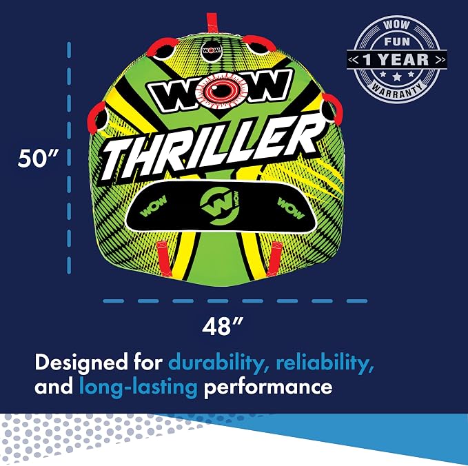 Wow Sports – Thriller Towable Deck Tube for Boating – 1 Person 170 lbs Capacity – Inflatable Boat Tube for Water Sports – Youth & Adults
