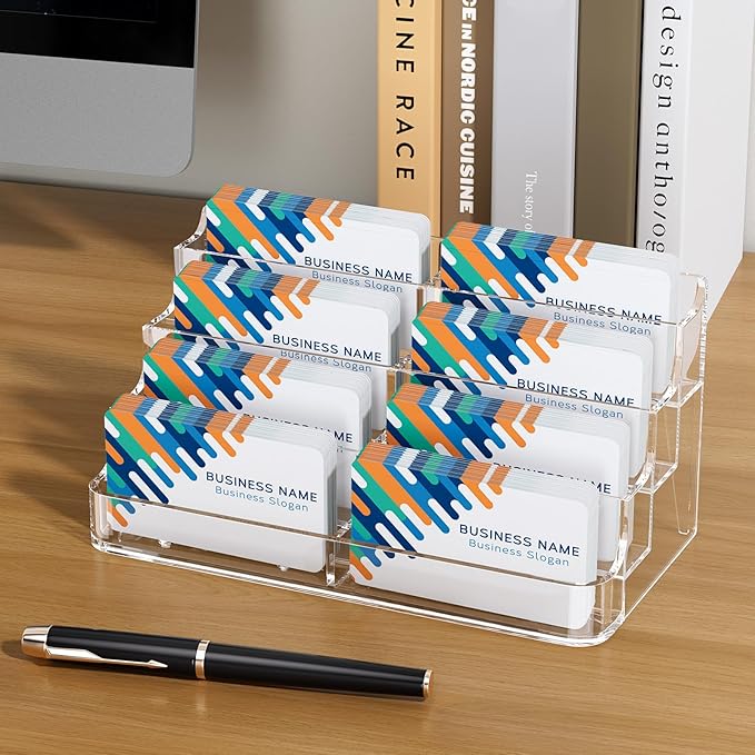 MaxGear Acrylic Business Card Holder for Desk Multiple Business Card Holders, Premium Cards Stand, Clear Plastic Cards Display Holder with 4 Tier for Exhibition, Home and Office, 8 Pocket, 2 Pack