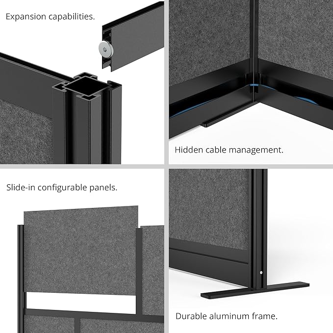 Stand Up Desk Store Expanse Modular Wall | 53'' x 48'' Wall | Expandable Partition Room Divider with Rearrangeable Frosted Acrylic & Sound Absorbent Panels (Black Frame)