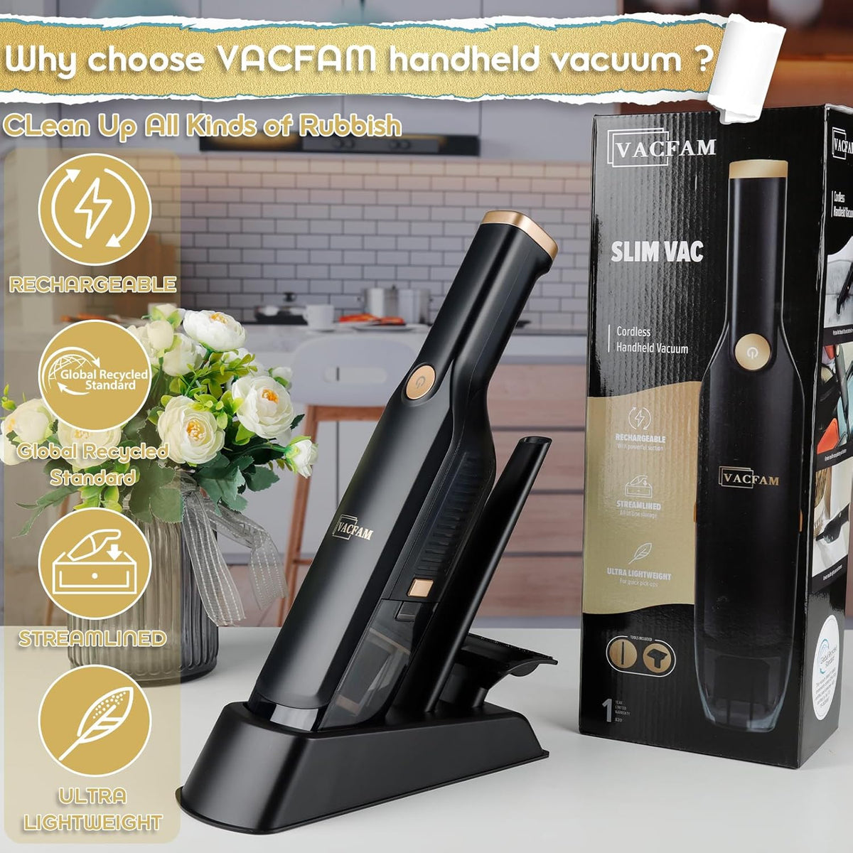 Handheld Vacuum Cordless, High Power Suction, USB Quick Charge, Car Vacuum Cleaner with Storage Dock, HEPA Filter, Lightweight Rechargeable Dust Buster with Crevice Tool & Pet Brush Hand Vac for Home