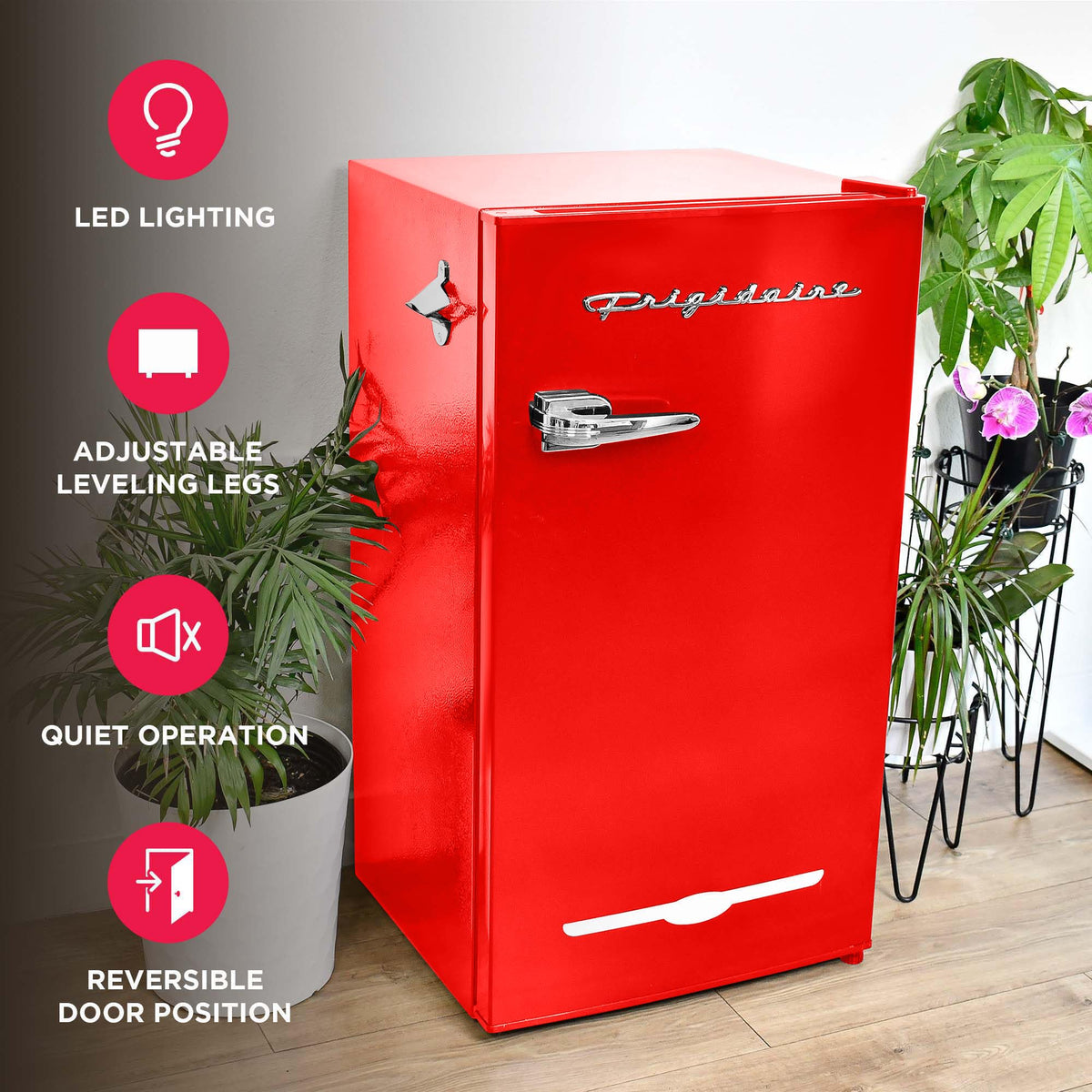 Frigidaire Retro Compact Fridge with Chiller, 3.2 cu ft Countertop Fridge with Built-In Bottle Opener, Compact Refrigerator for Office, Bedroom, Dorm Room or Cabin - 16.5" D x 19" W x 31" H (Red)