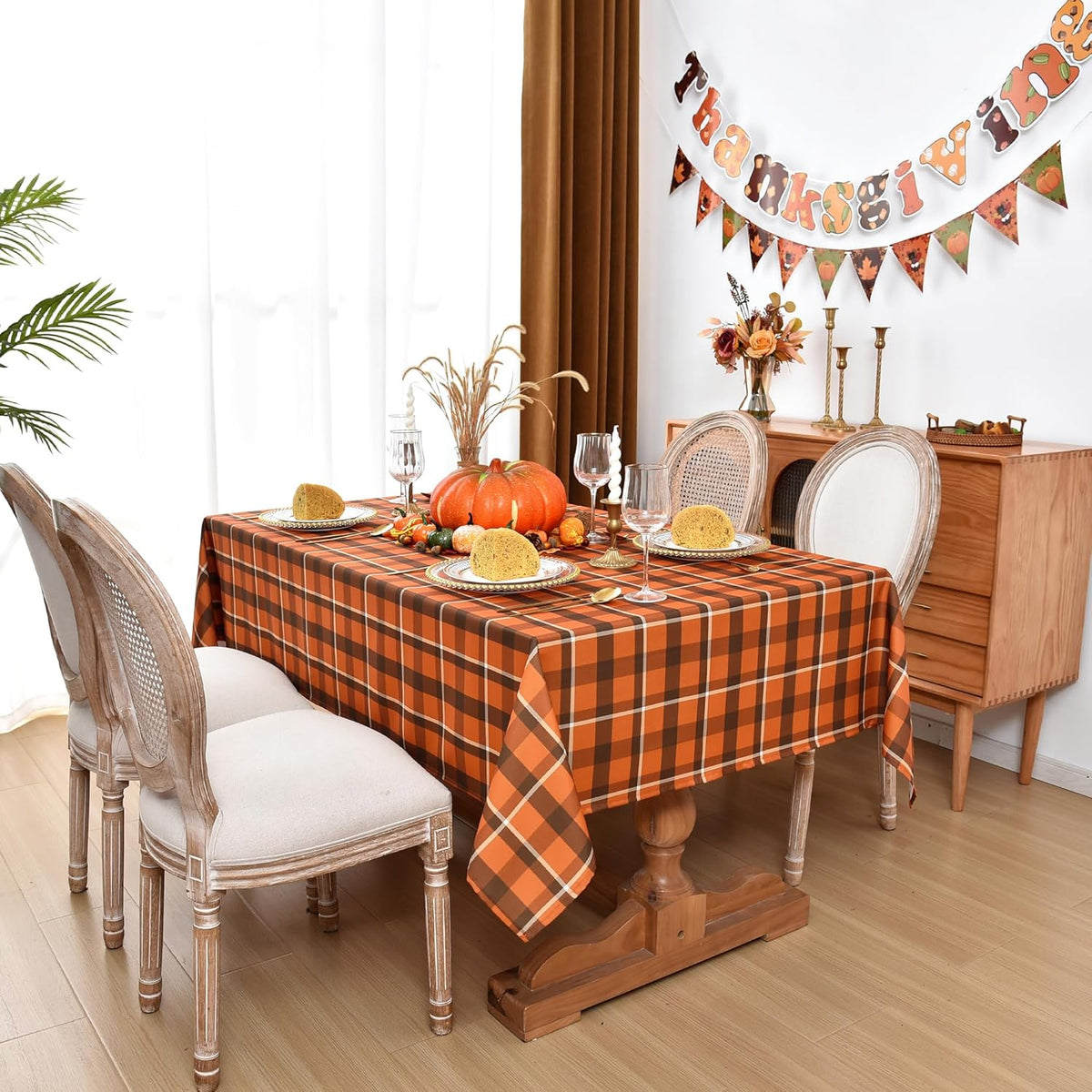 Waterproof Gingham Festive Tablecloth Fabric - Oblong 52x70 Inch Classic Buffalo Tartan Autumn Table Cloth for Outdoor Use - Give Thanks Tabletop Cover Perfect for Halloween, BBQs, Parties