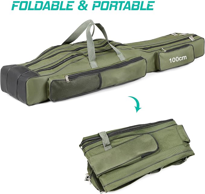 Fishing Rod Case with Fishing Tackle Box Portable Folding Rod Case Pole Reel Storage Bag Gears Organizer (100CM)