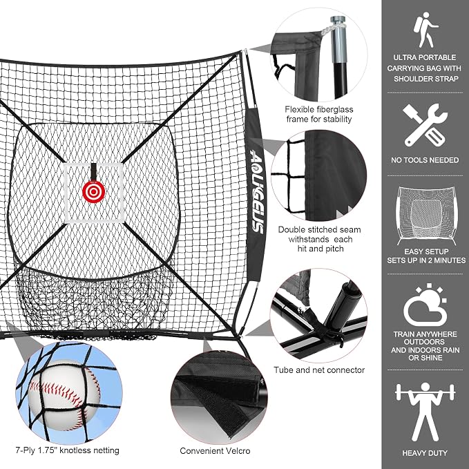 6'X6' Baseball Softball Practice Net,Pitching Net,Batting Net,with Bonus Strike Zone,Target and Bow Frame,for Hitting,Pitching,Catching