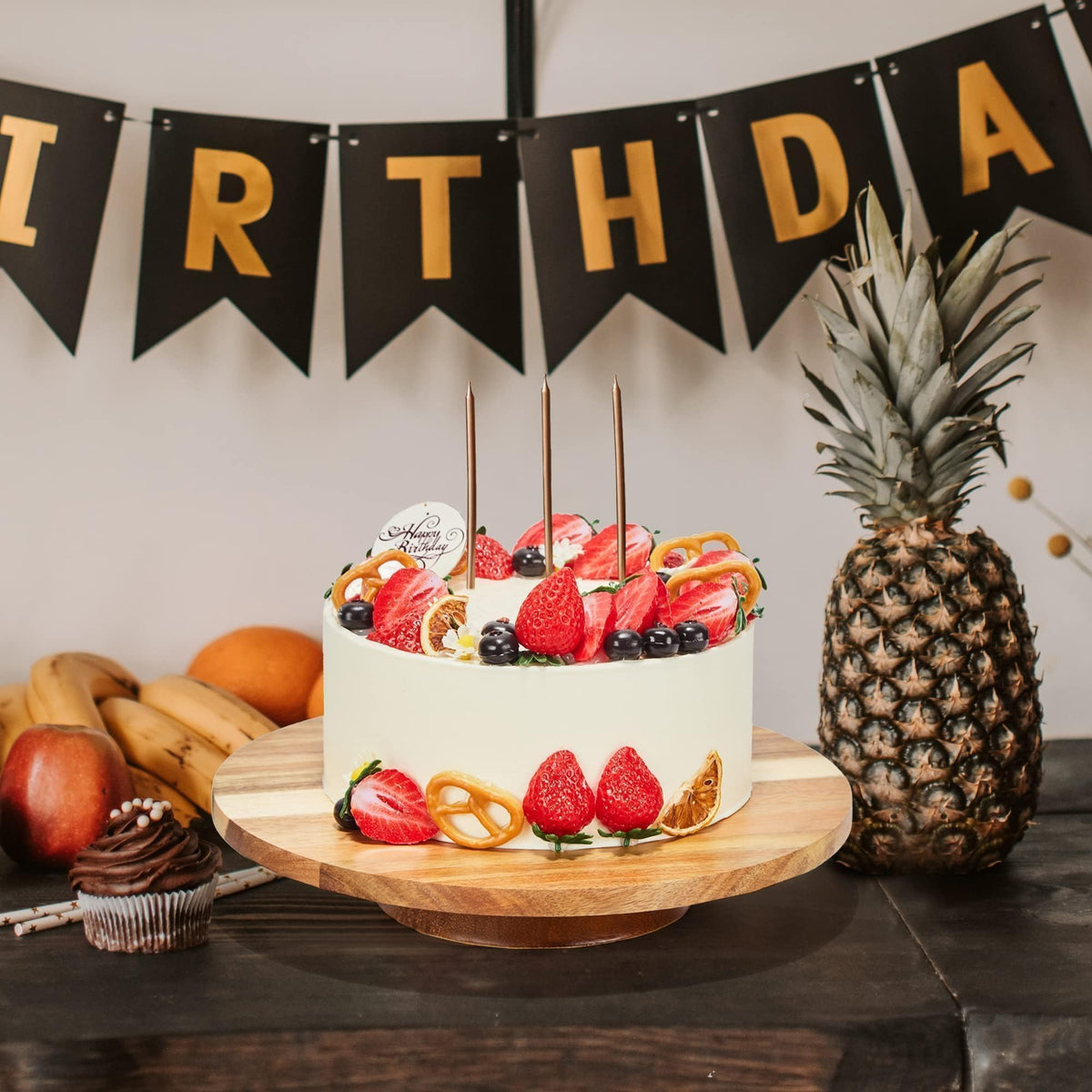 12" Acacia Wood Revolving Cake Stand, 2" High Rotating Cake Turntable with 2 Icing Spatulas, 3 Smoothers, Wooden Rotating Display Stand for Cake, Cupcake Decorating Supplies