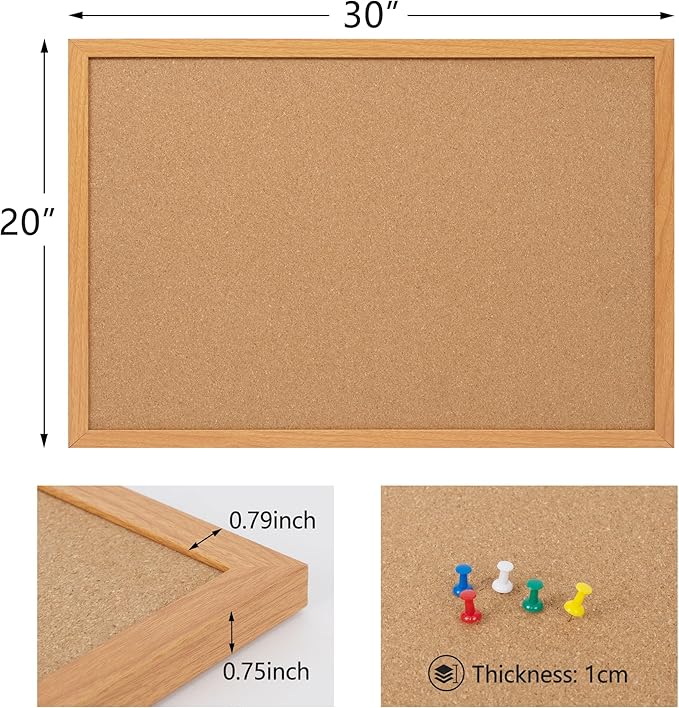 Board2by 2 Pack Cork Board Bulletin Board 20" x 30", Wood Framed Corkboards for Wall Decor, Hanging Office Message Board, Wall Mounted Notice Pin Board with 30 Push Pins for School, Home & Office