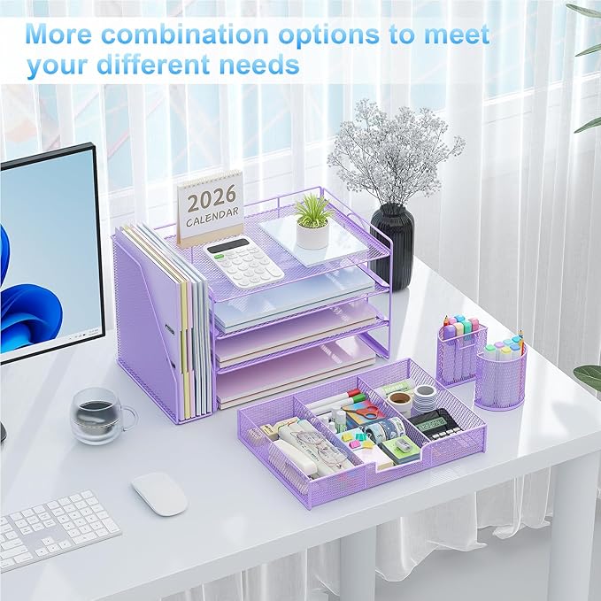 gianotter Desk Organizers and Accessories with File Holder, 4-Tier Desk Accessories & Workspace Organizers with Drawer and 2 Pen Holder, Paper Organizer for Office Supplies (Purple)