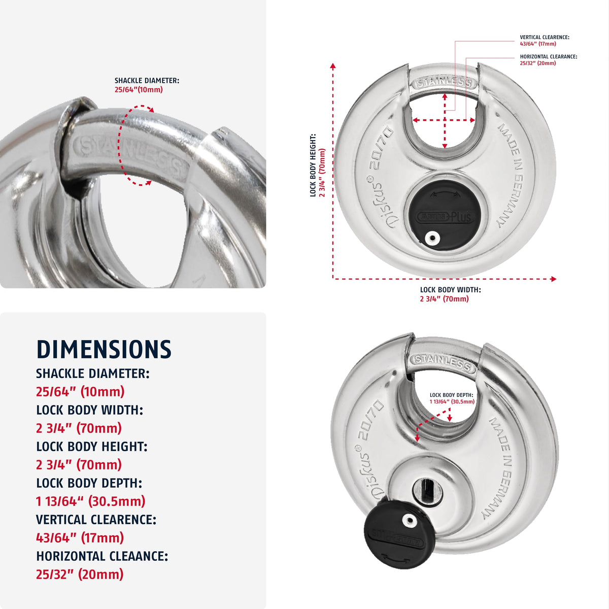 ABUS Diskus 20/70 Heavy Duty Stainless Steel Disk Padlock - Rustproof Lock with 3/8" Shackle - Made in Germany - Keyed Different