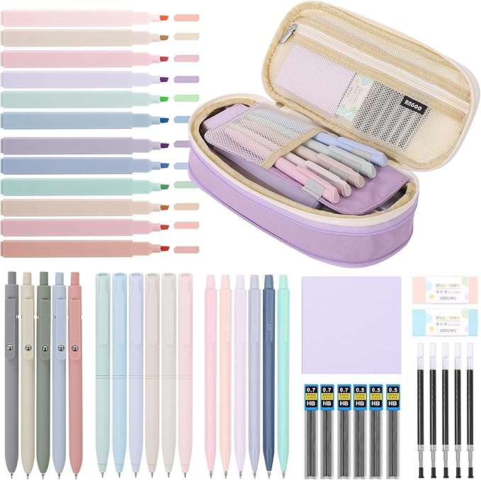 SKYDUE Cute School Supplies 44 PCS, Aesthetic Pencil Case with 12 Pastel Highlighters, 5 Black Gel Pens, 6 Color Gel Pens & Mechanical Pencils, College Essentials Students Stationary Set Purple