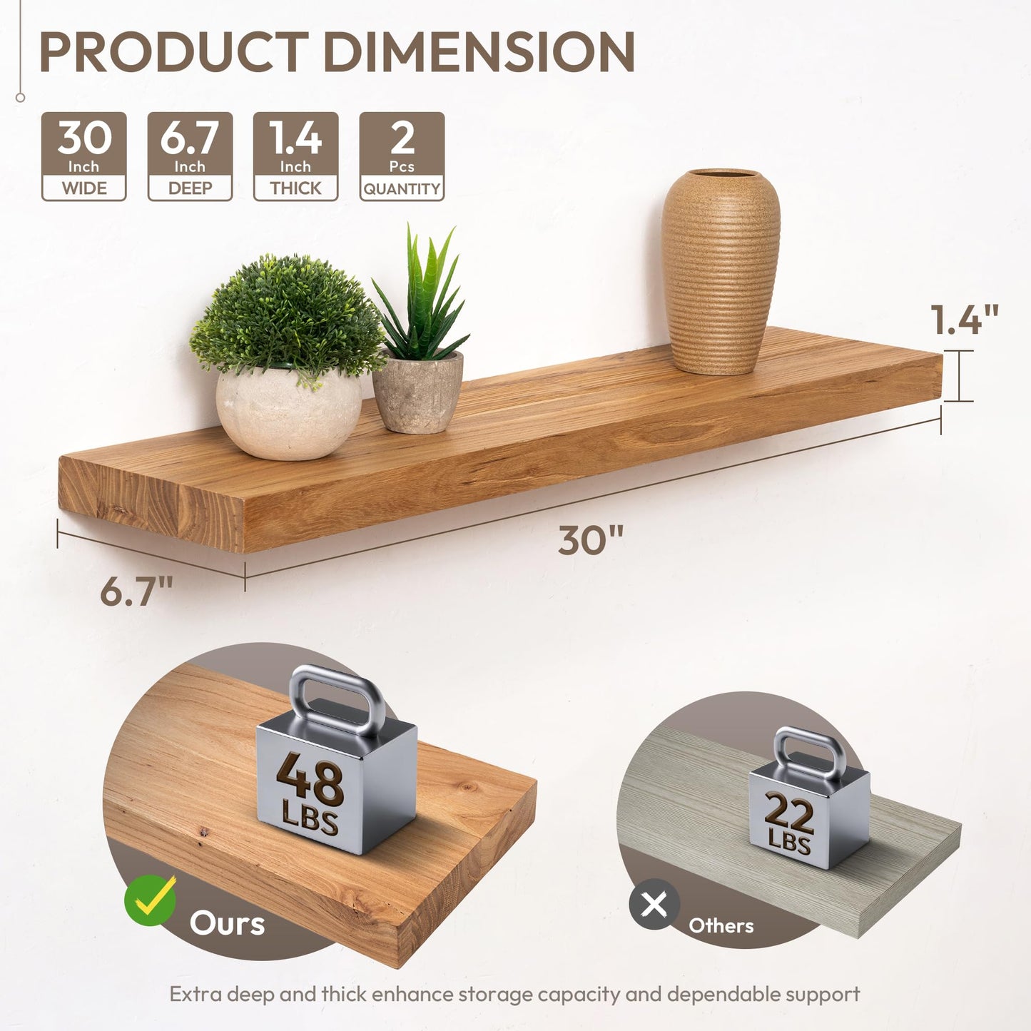 Marsmiles 30 inch Floating Shelves for Wall Solid Elm Wood Shelves|Rustic Wall Shelves with Invisible Heavy-Duty Bracket for Bathroom Living Room Kitchen|Natural, 2 Pack
