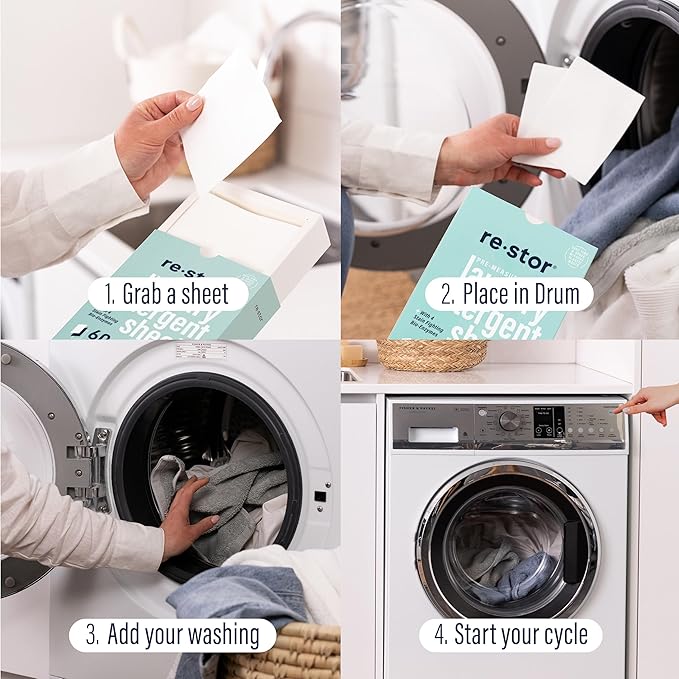 restor Laundry Detergent Sheets Fresh Linen 60 Loads | Eco Friendly Plastic Free Travel Laundry Washer Sheets | Superior Stain Fighting Washing Detergent sheets Number One in Australia